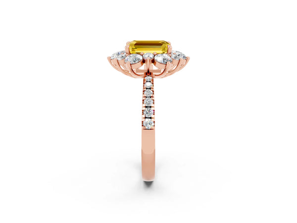 Rose gold Emerald Cut Yellow Sapphire Floral Halo Ring with Round Pavé Band and Prong Setting
