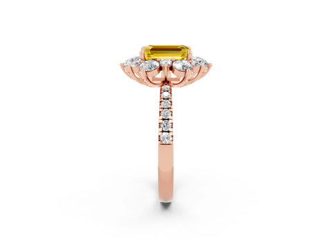 Rose gold Emerald Cut Cut Diamond Floral Halo Pave Band with Prong Setting_2