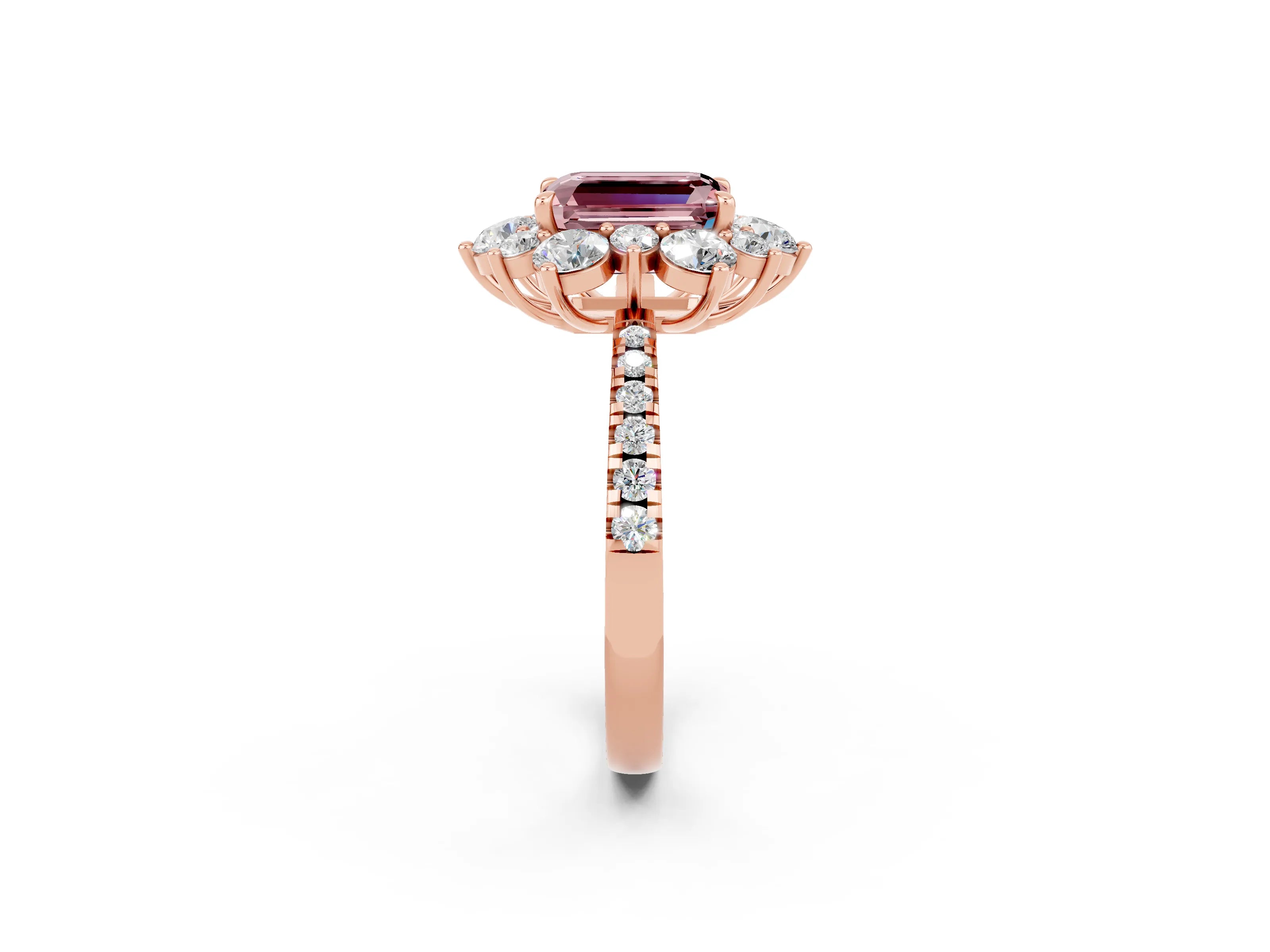 Rose gold Emerald Cut Cut Diamond Floral Halo Pave Band with Prong Setting_2