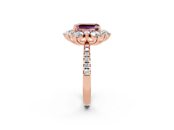 Rose gold Emerald Cut Cut Diamond Floral Halo Pave Band with Prong Setting