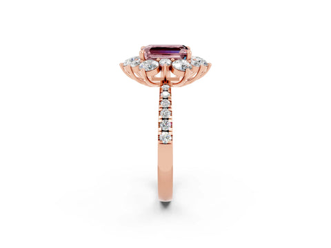 Rose gold Emerald Cut Cut Diamond Floral Halo Pave Band with Prong Setting_2