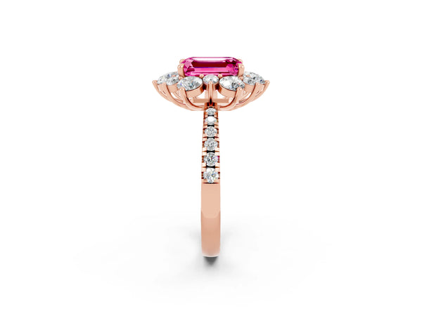 Rose gold Emerald Cut Pink Sapphire Floral Halo Ring with Round Pavé Band and Prong Setting