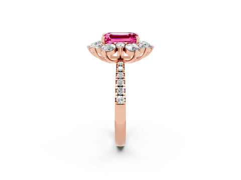 Rose gold Emerald Cut Cut Diamond Floral Halo Pave Band with Prong Setting_2
