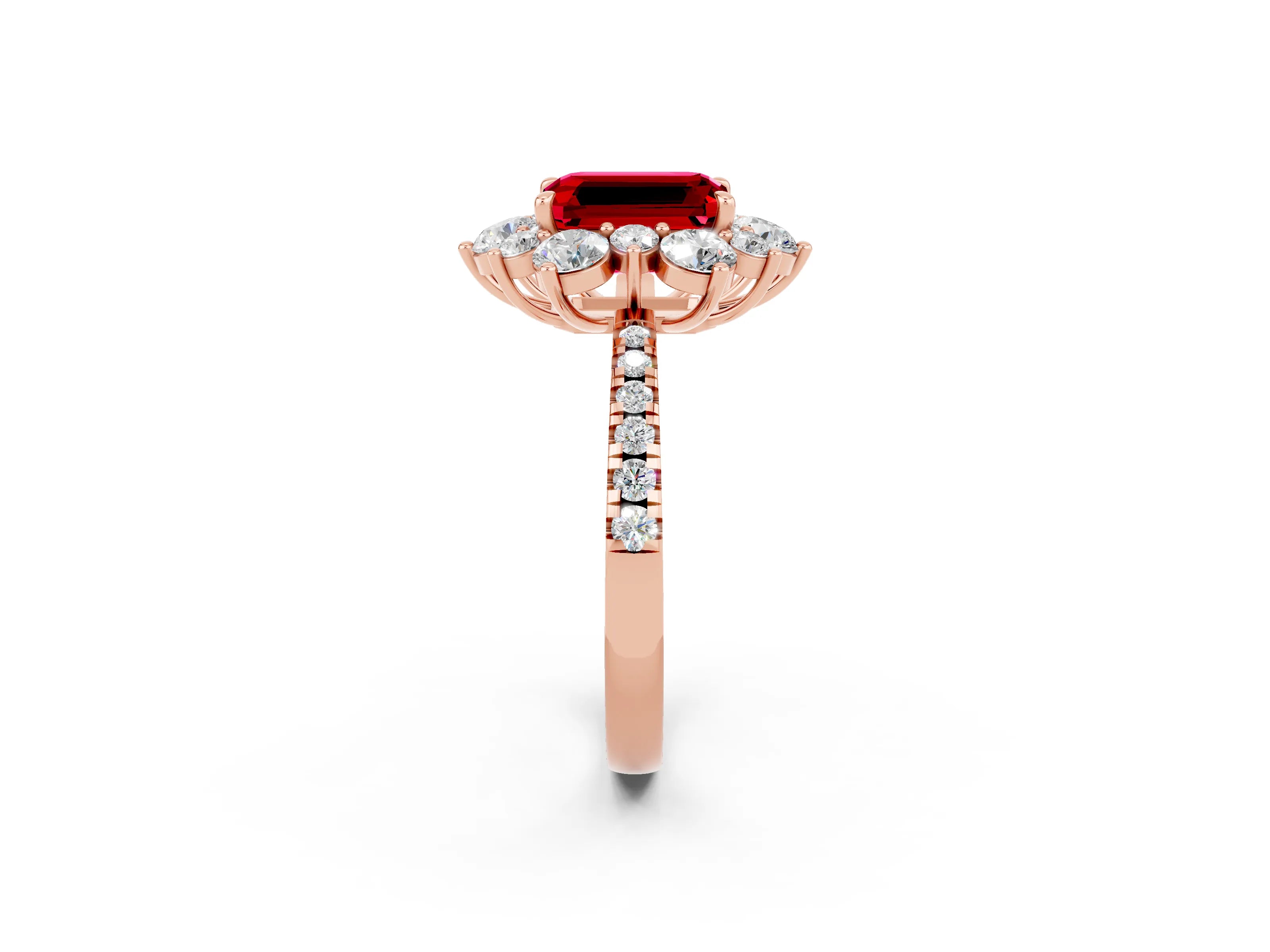 Rose gold Emerald Cut Cut Diamond Floral Halo Pave Band with Prong Setting_2