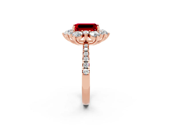 Rose gold Emerald Cut Ruby Floral Halo Ring with Round Pavé Band and Prong Setting