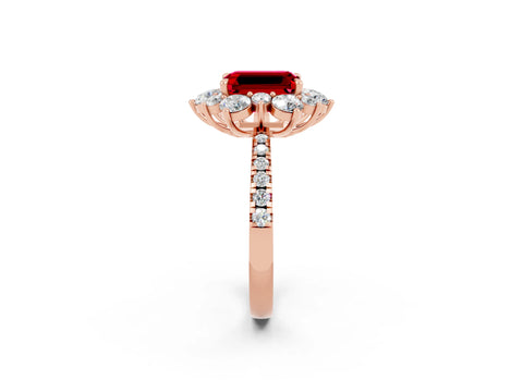 Rose gold Emerald Cut Cut Diamond Floral Halo Pave Band with Prong Setting_2