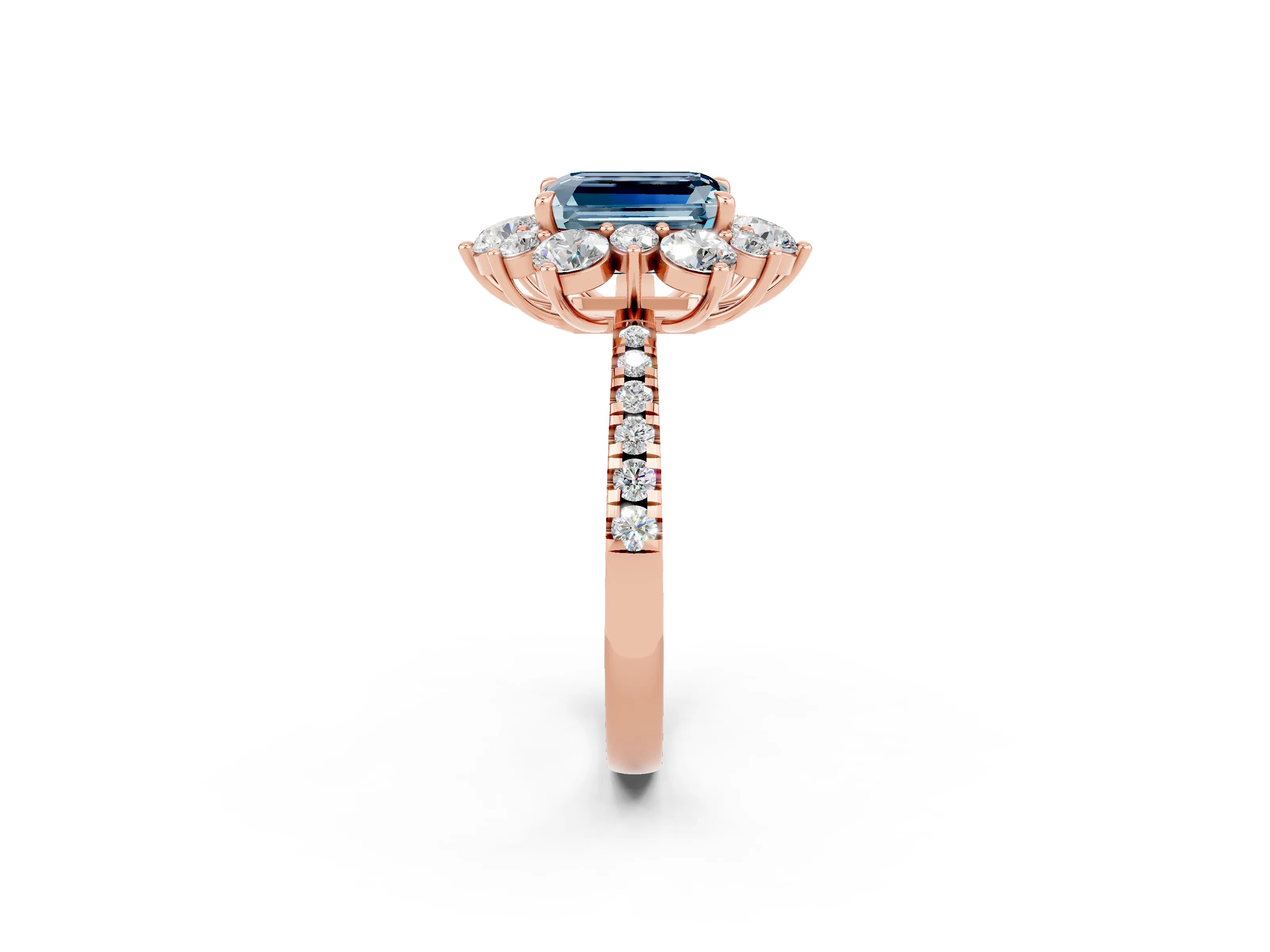 Rose gold Emerald Cut Cut Diamond Floral Halo Pave Band with Prong Setting_2