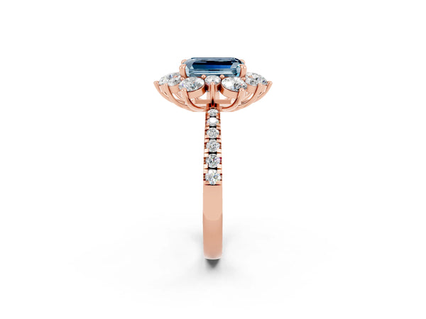 Rose gold Emerald Cut Aquamarine Floral Halo Ring with Round Pavé Band and Prong Setting