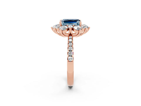 Rose gold Emerald Cut Cut Diamond Floral Halo Pave Band with Prong Setting_2