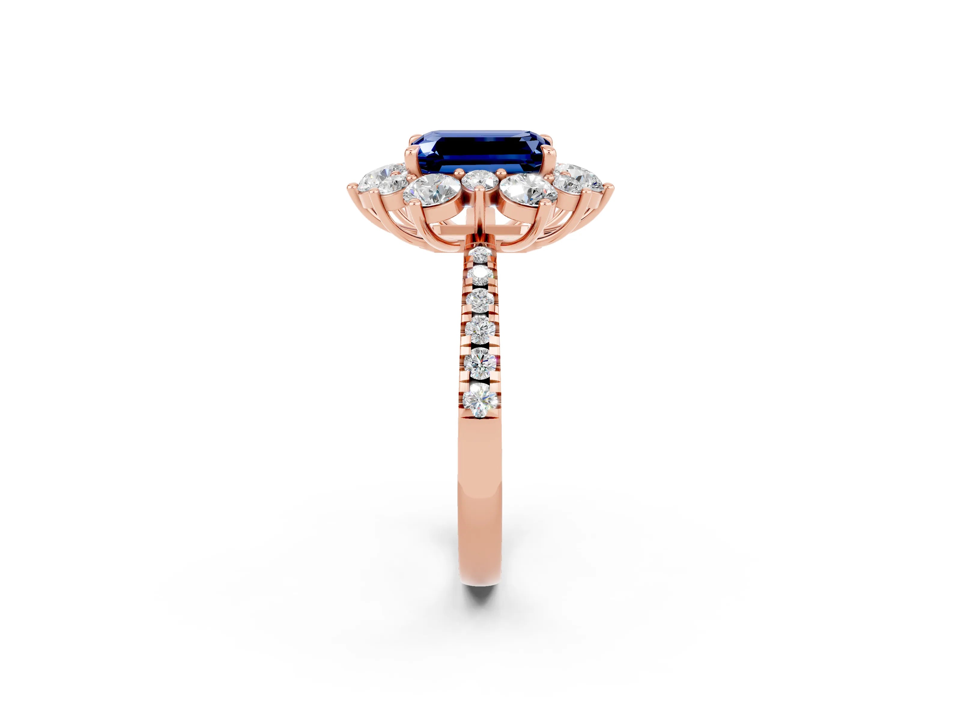 Rose gold Emerald Cut Cut Diamond Floral Halo Pave Band with Prong Setting_2