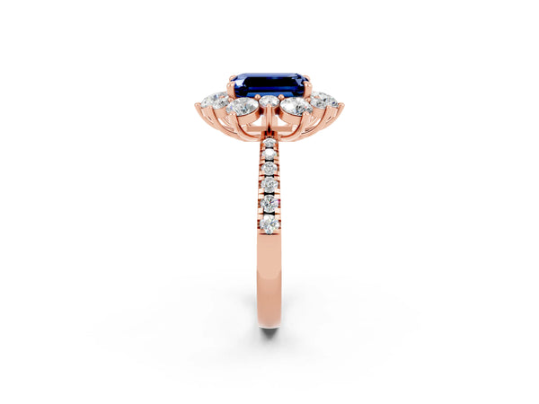 Rose gold Emerald Cut Blue Sapphire Floral Halo Ring with Round Pavé Band and Prong Setting