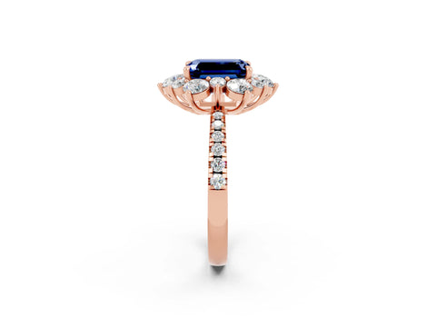 Rose gold Emerald Cut Cut Diamond Floral Halo Pave Band with Prong Setting_2