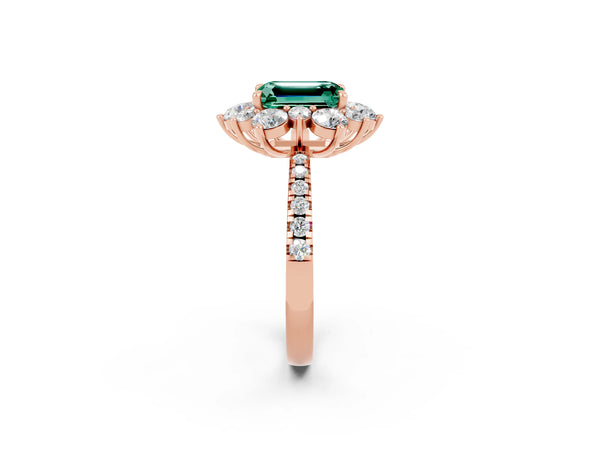 Rose gold Emerald Cut Green Sapphire Floral Halo Ring with Round Pavé Band and Prong Setting