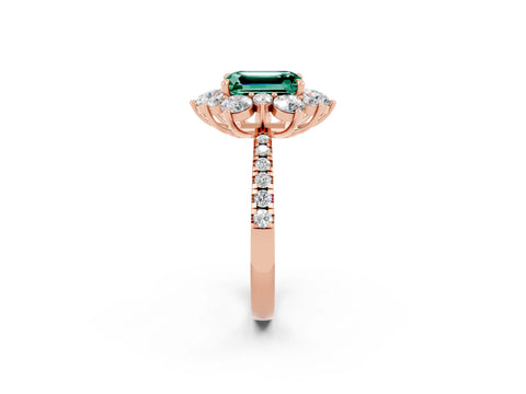 Rose gold Emerald Cut Cut Diamond Floral Halo Pave Band with Prong Setting_2