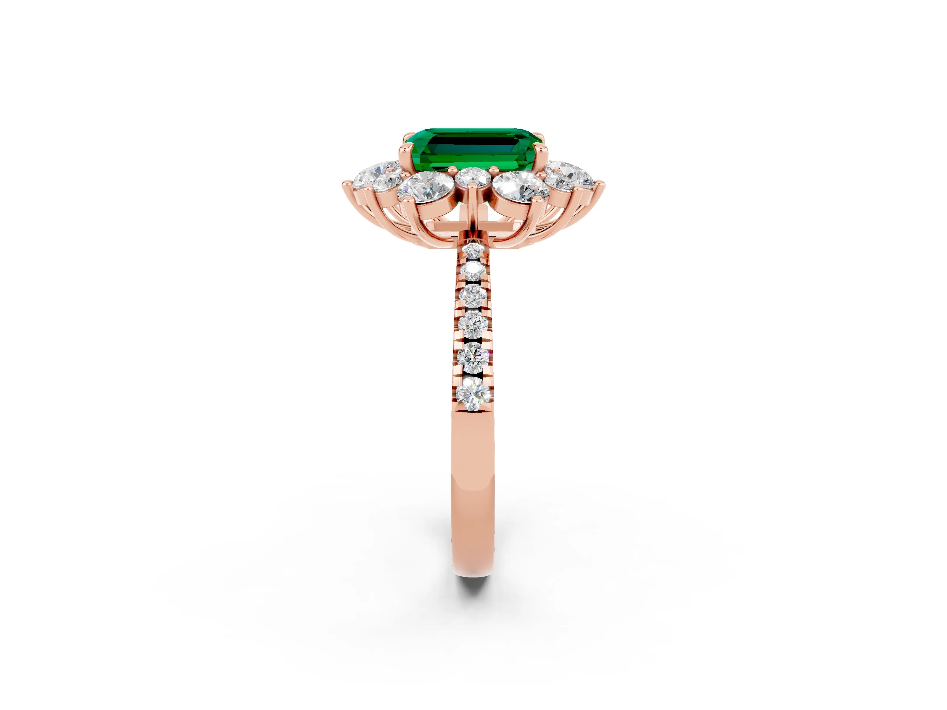 Rose gold Emerald Cut Cut Diamond Floral Halo Pave Band with Prong Setting_2