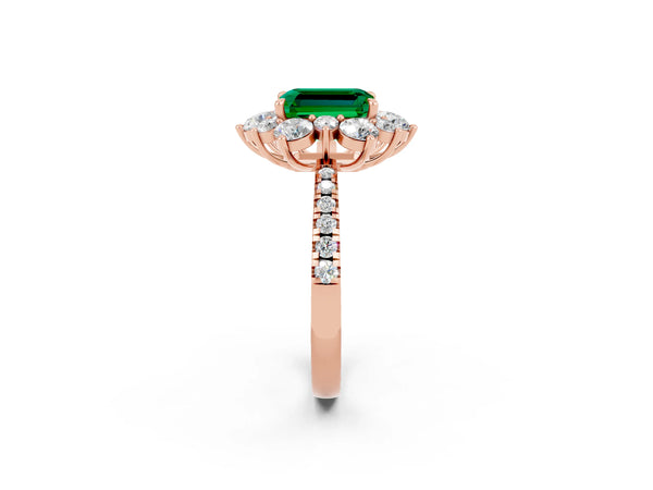 Rose gold Emerald Cut Emerald Floral Halo Ring with Round Pavé Band and Prong Setting