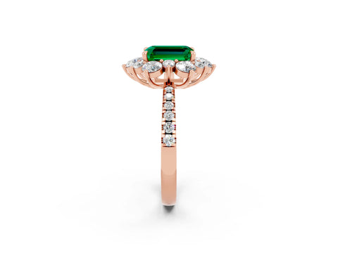 Rose gold Emerald Cut Cut Diamond Floral Halo Pave Band with Prong Setting_2