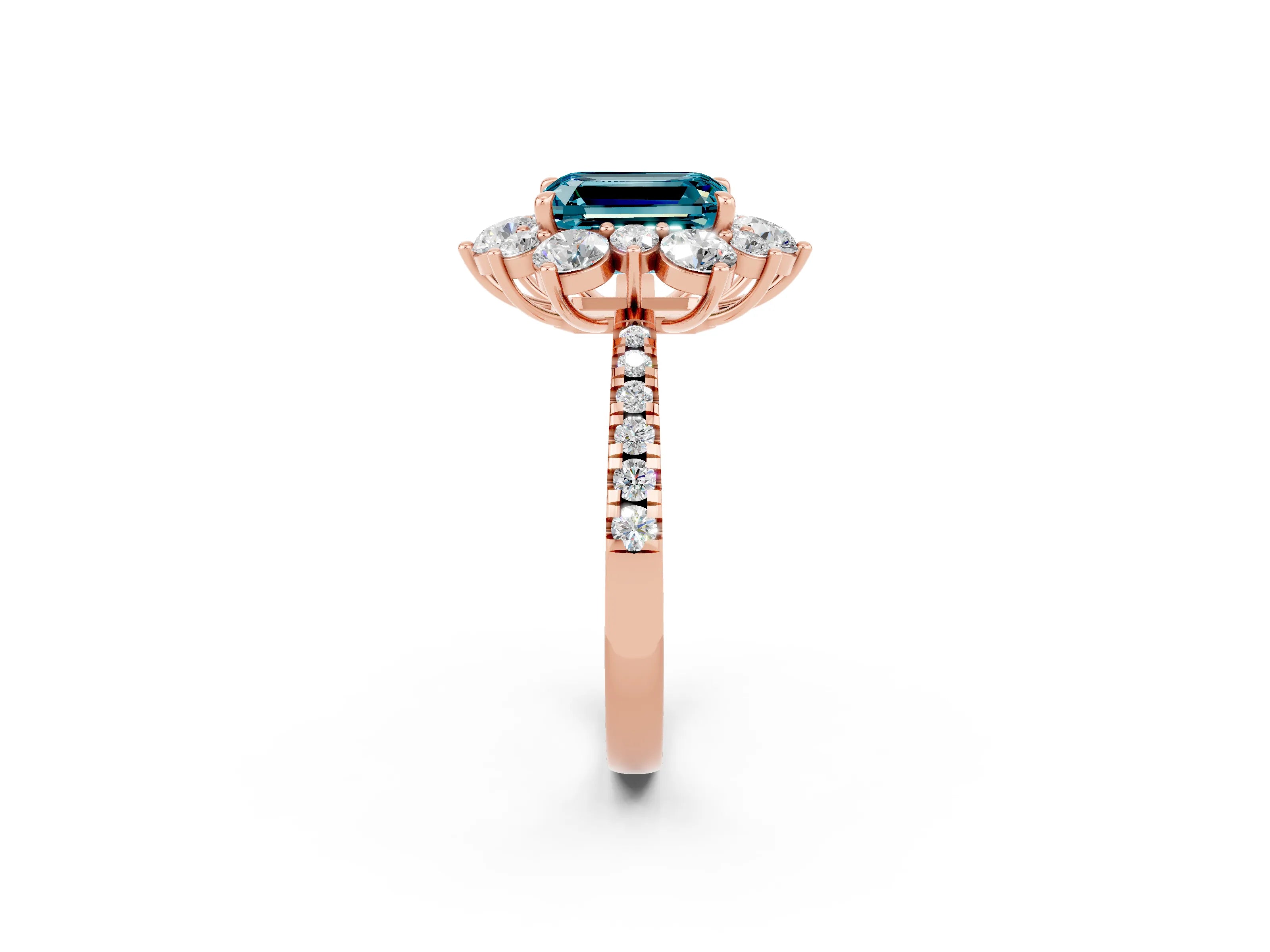 Rose gold Emerald Cut Cut Diamond Floral Halo Pave Band with Prong Setting_2