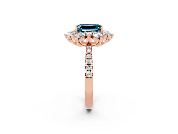 Rose gold Emerald Cut Cut Diamond Floral Halo Pave Band with Prong Setting