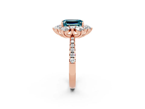 Rose gold Emerald Cut Cut Diamond Floral Halo Pave Band with Prong Setting_2
