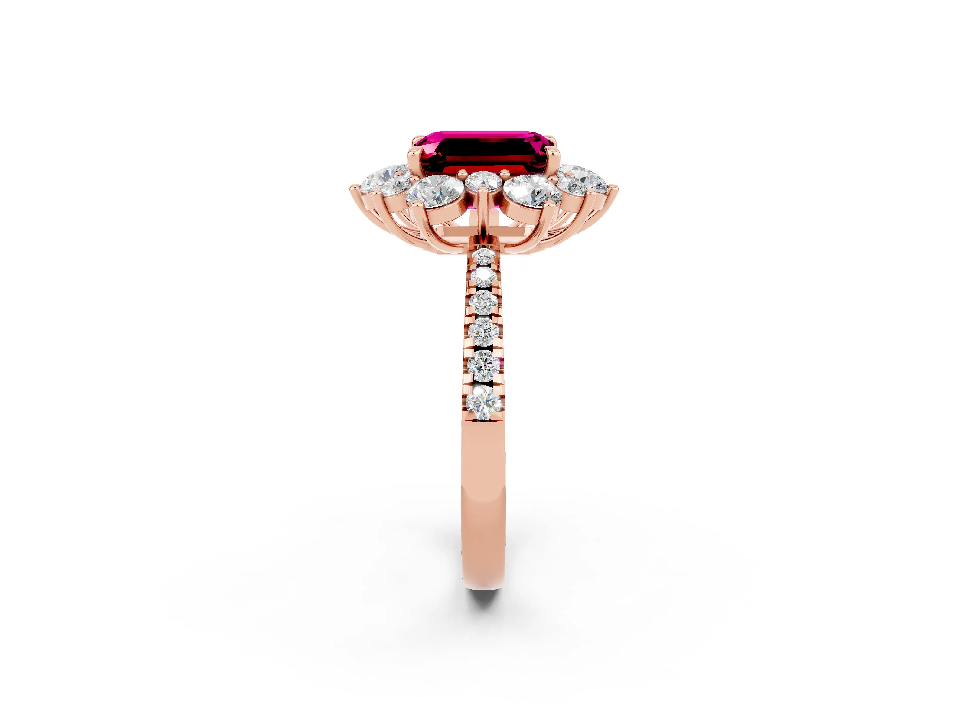 Rose gold Emerald Cut Cut Diamond Floral Halo Pave Band with Prong Setting_2