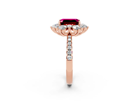 Rose gold Emerald Cut Cut Diamond Floral Halo Pave Band with Prong Setting_2