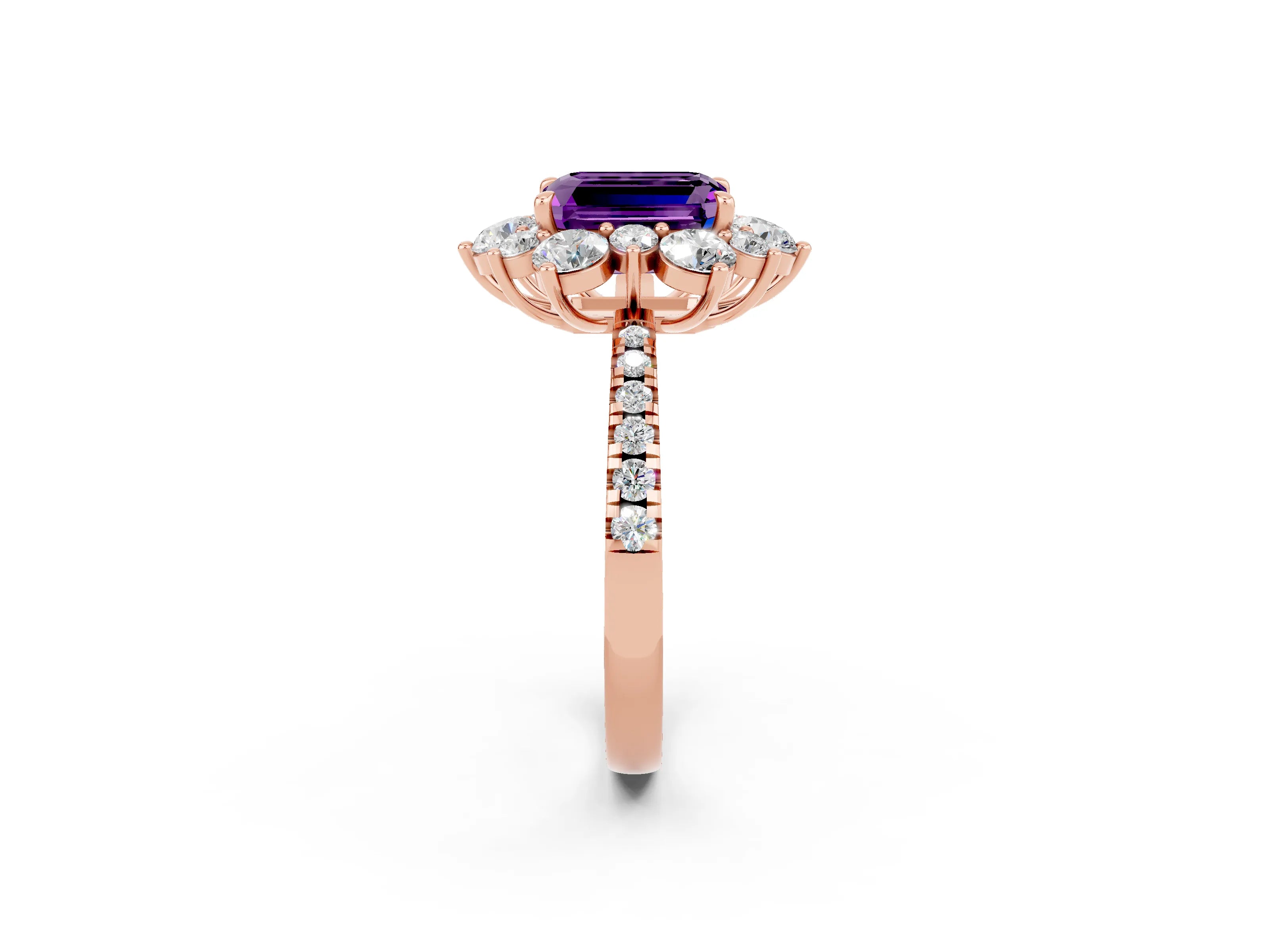 Rose gold Emerald Cut Cut Diamond Floral Halo Pave Band with Prong Setting_2