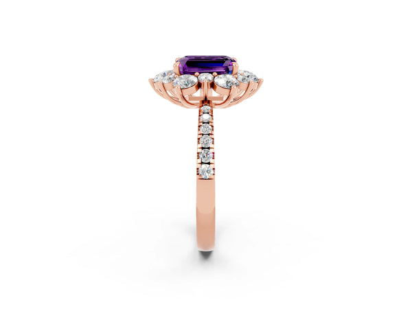 Rose gold Emerald Cut Amethyst Floral Halo Ring with Round Pavé Band and Prong Setting