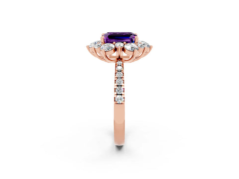 Rose gold Emerald Cut Cut Diamond Floral Halo Pave Band with Prong Setting_2