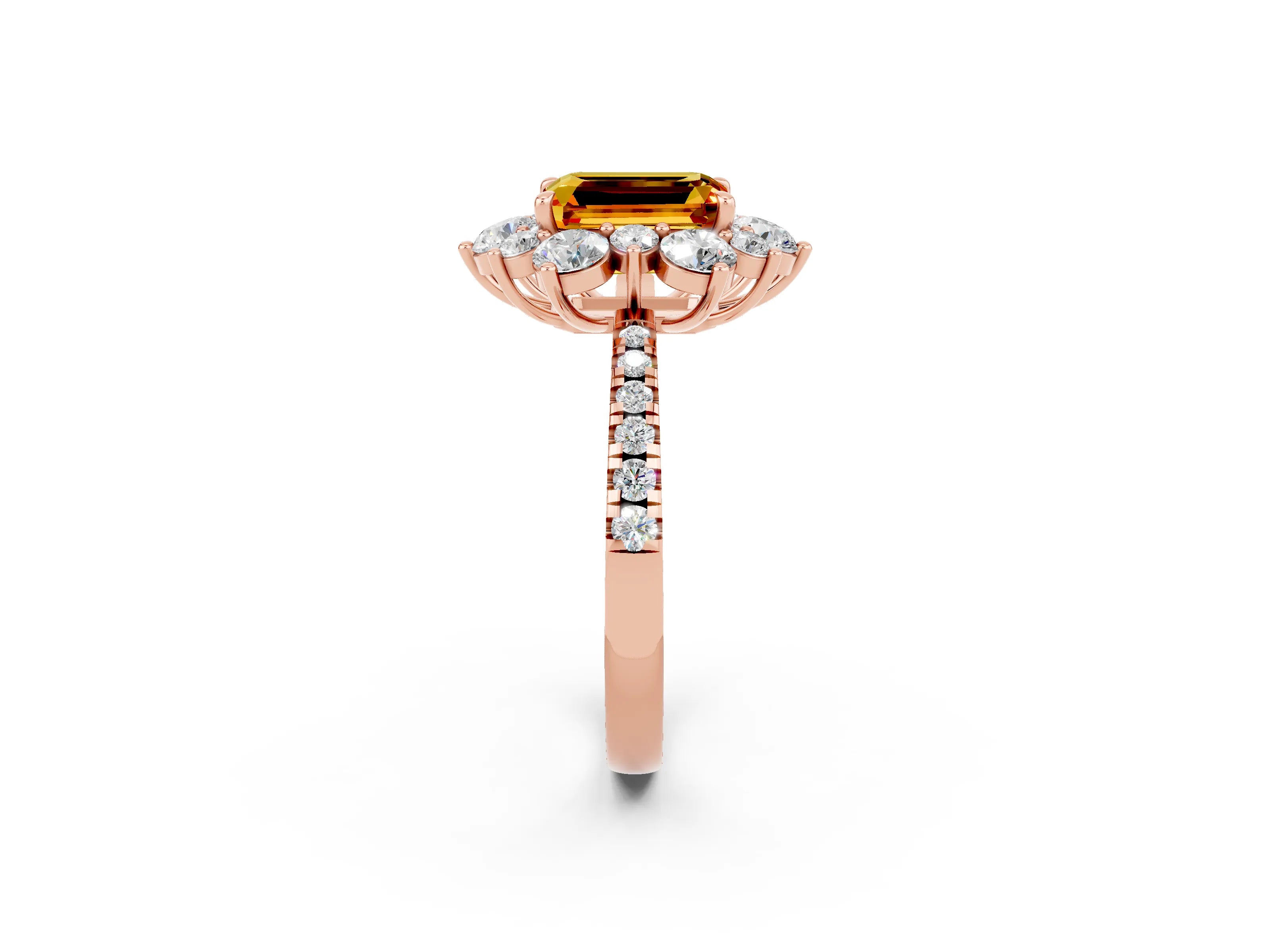 Rose gold Emerald Cut Cut Diamond Floral Halo Pave Band with Prong Setting_2