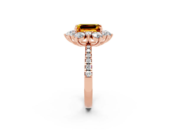 Rose gold Emerald Cut Citrine Floral Halo Ring with Round Pavé Band and Prong Setting