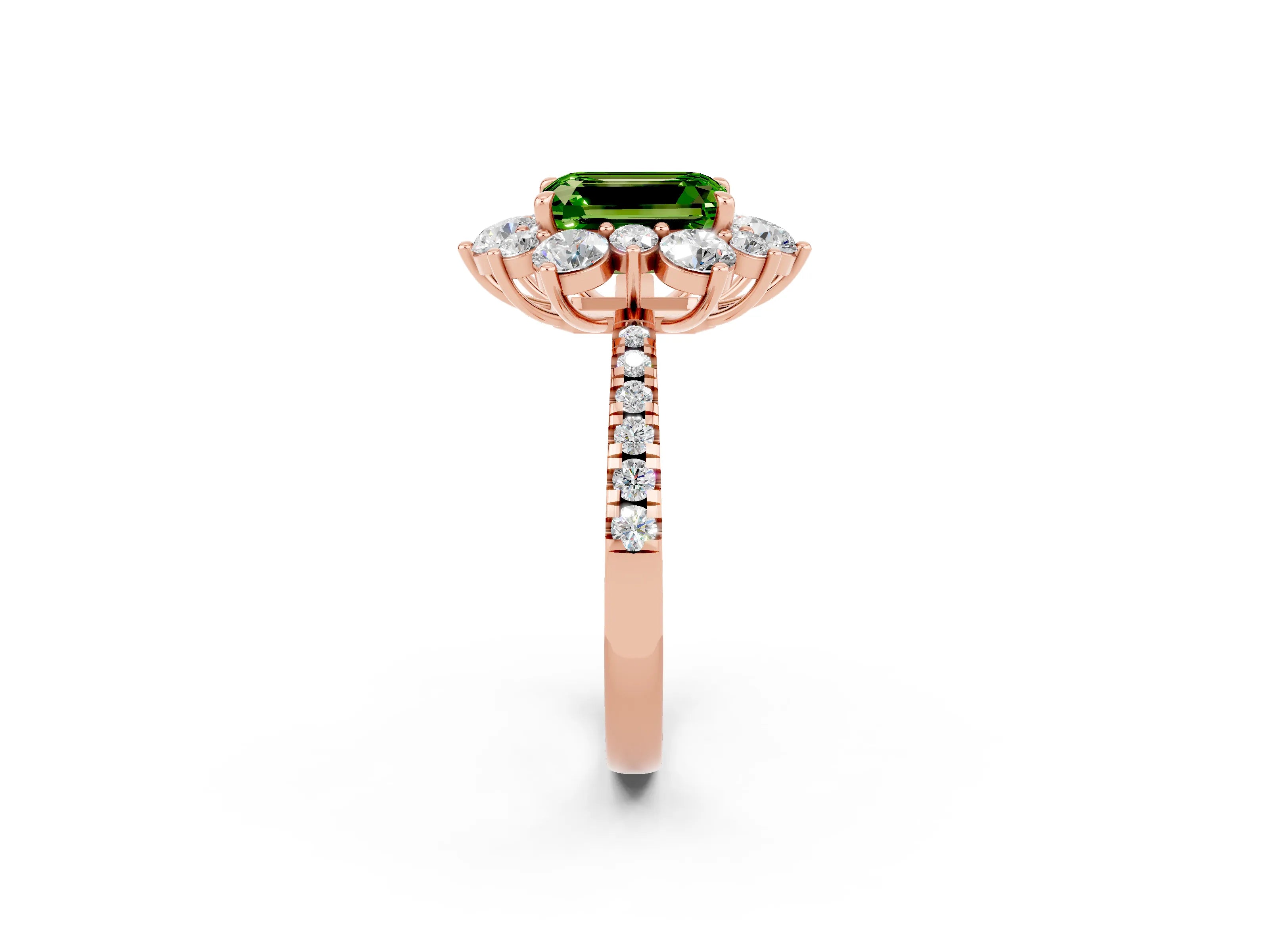 Rose gold Emerald Cut Cut Diamond Floral Halo Pave Band with Prong Setting_2