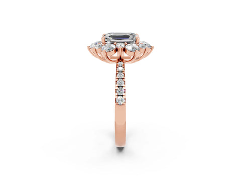 Rose gold Emerald Cut Cut Diamond Floral Halo Pave Band with Prong Setting_2