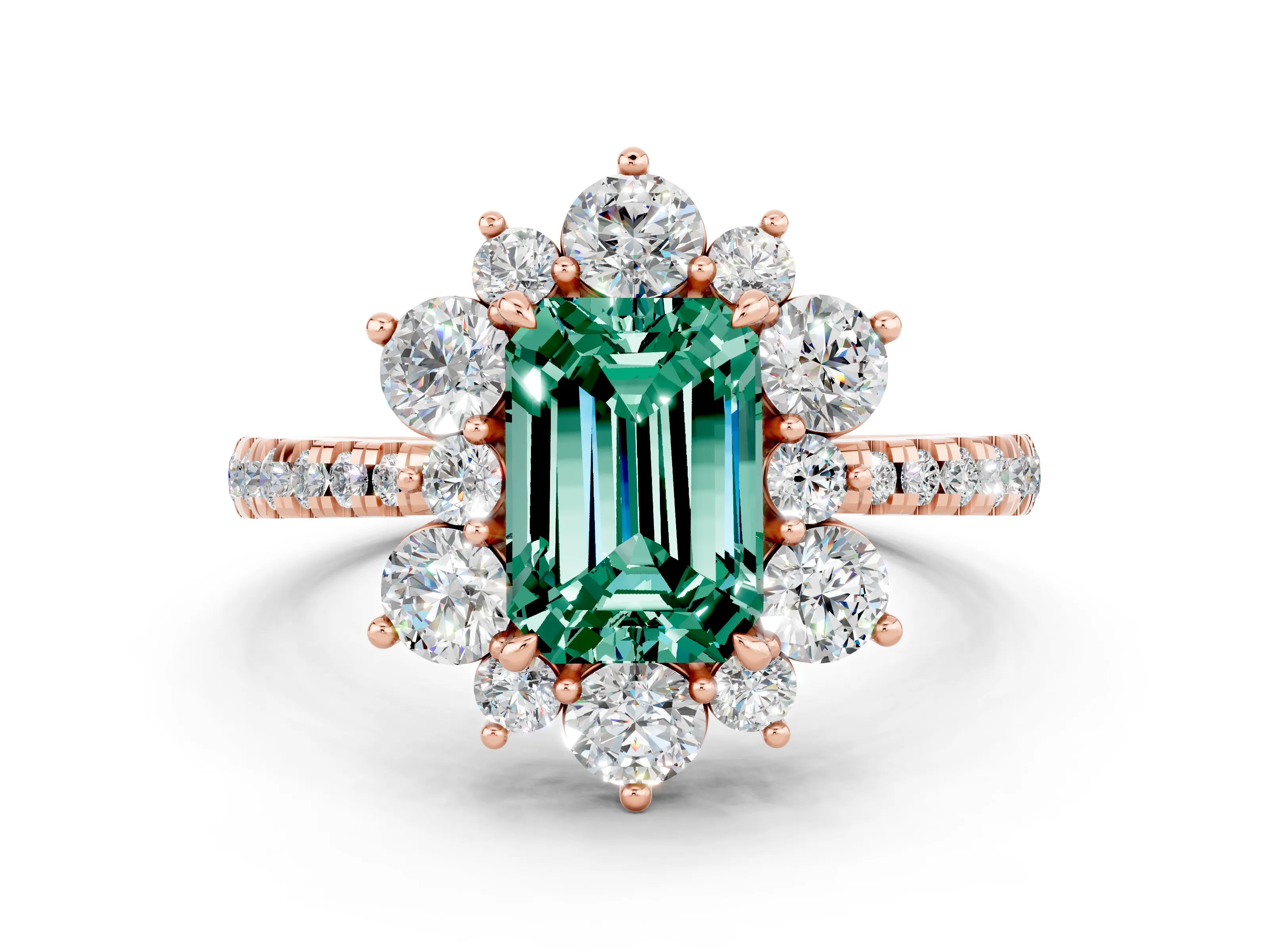 Rose gold Emerald Cut Cut Diamond Floral Halo Pave Band with Prong Setting