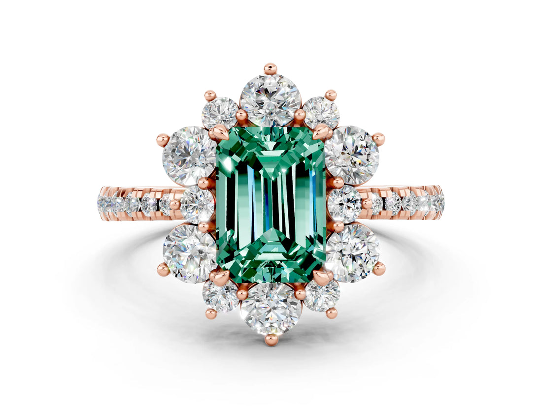 Rose gold Emerald Cut Cut Diamond Floral Halo Pave Band with Prong Setting