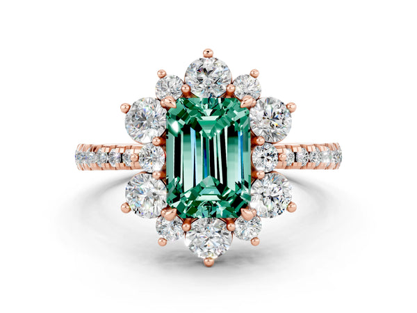 Rose gold Emerald Cut Green Sapphire Floral Halo Ring with Round Pavé Band and Prong Setting