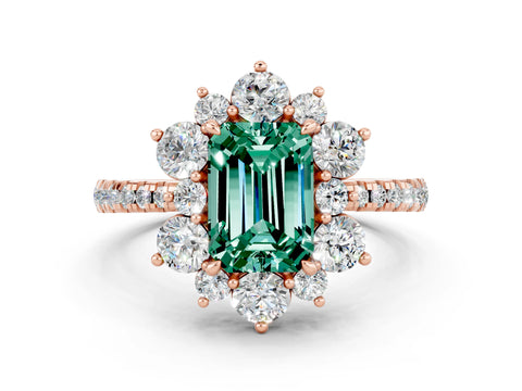 Rose gold Emerald Cut Cut Diamond Floral Halo Pave Band with Prong Setting