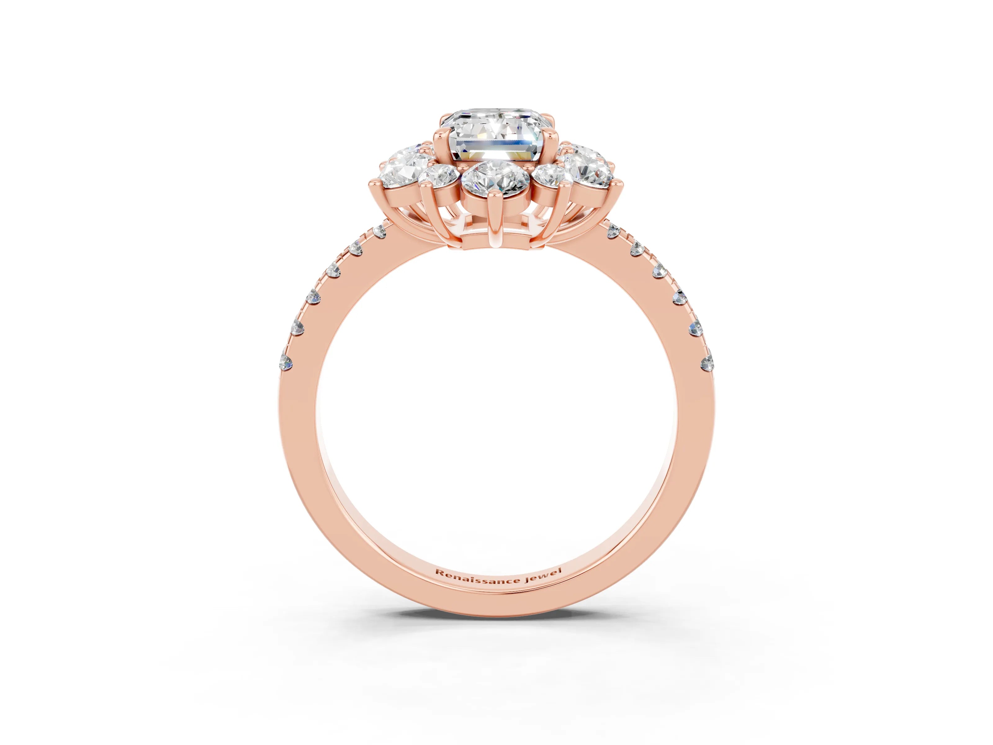 Rose gold Emerald Cut Cut Diamond Floral Halo Pave Band with Prong Setting_3