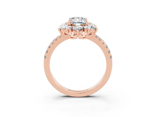 Rose gold Emerald Cut Moissanite Floral Halo Ring with Round Pavé Band and Prong Setting