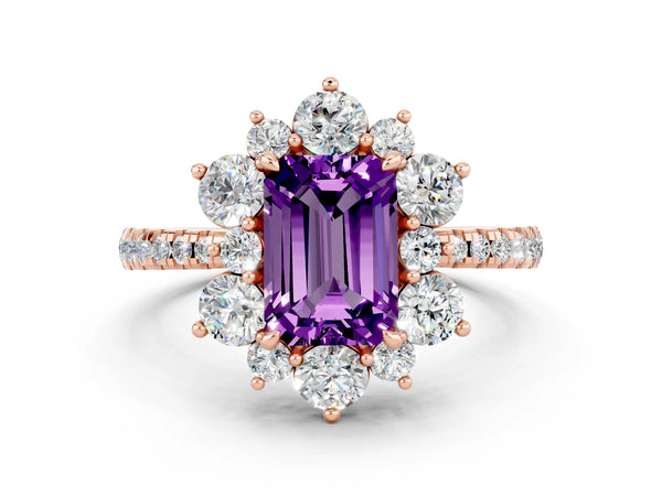 Rose gold Emerald Cut Amethyst Floral Halo Ring with Round Pavé Band and Prong Setting
