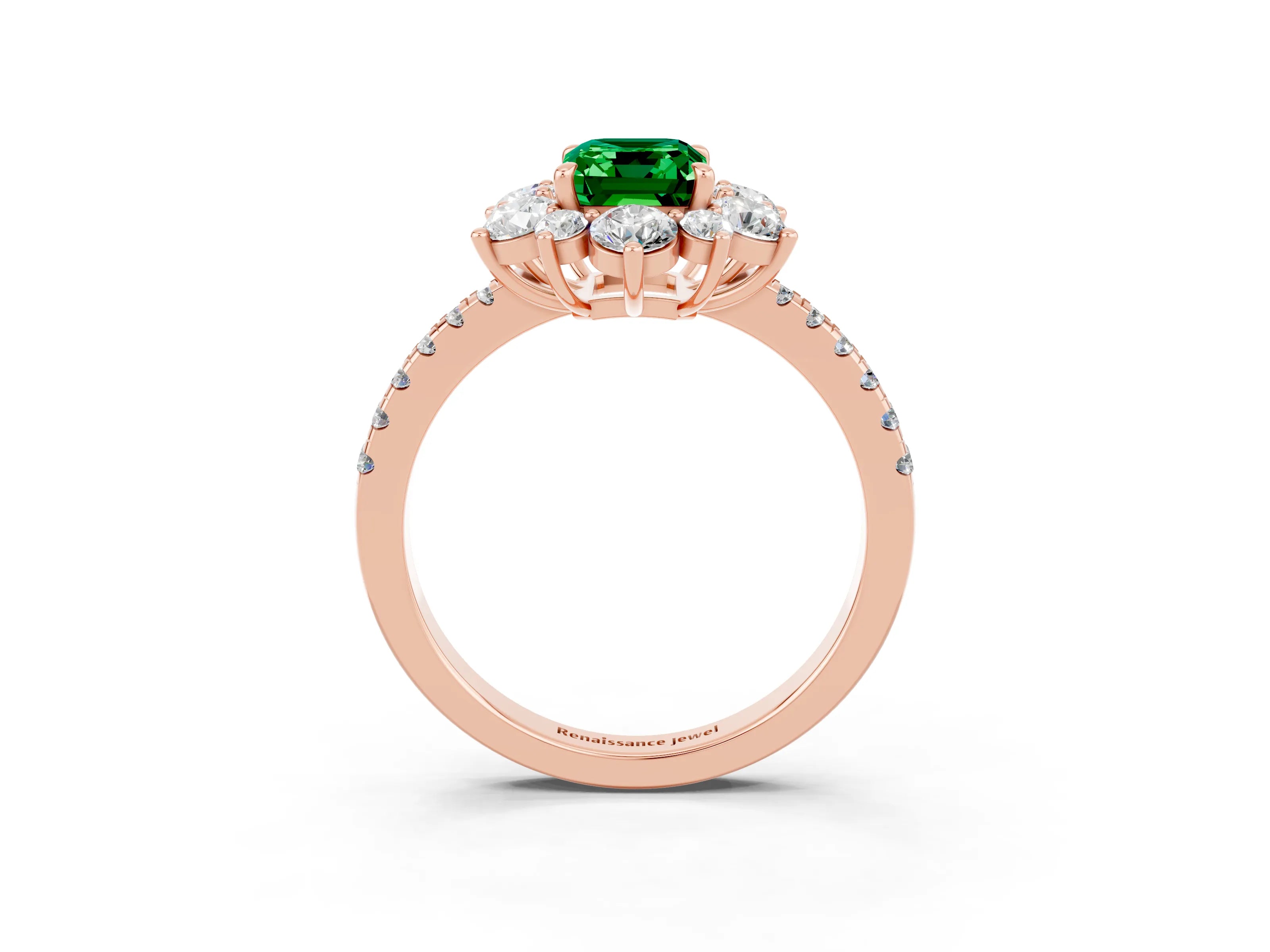Rose gold Emerald Cut Cut Diamond Floral Halo Pave Band with Prong Setting_3