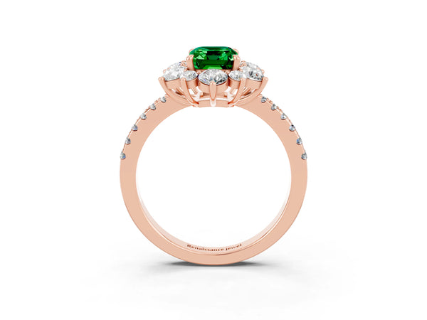 Rose gold Emerald Cut Emerald Floral Halo Ring with Round Pavé Band and Prong Setting
