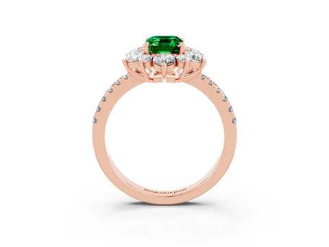 Rose gold Emerald Cut Cut Diamond Floral Halo Pave Band with Prong Setting_3