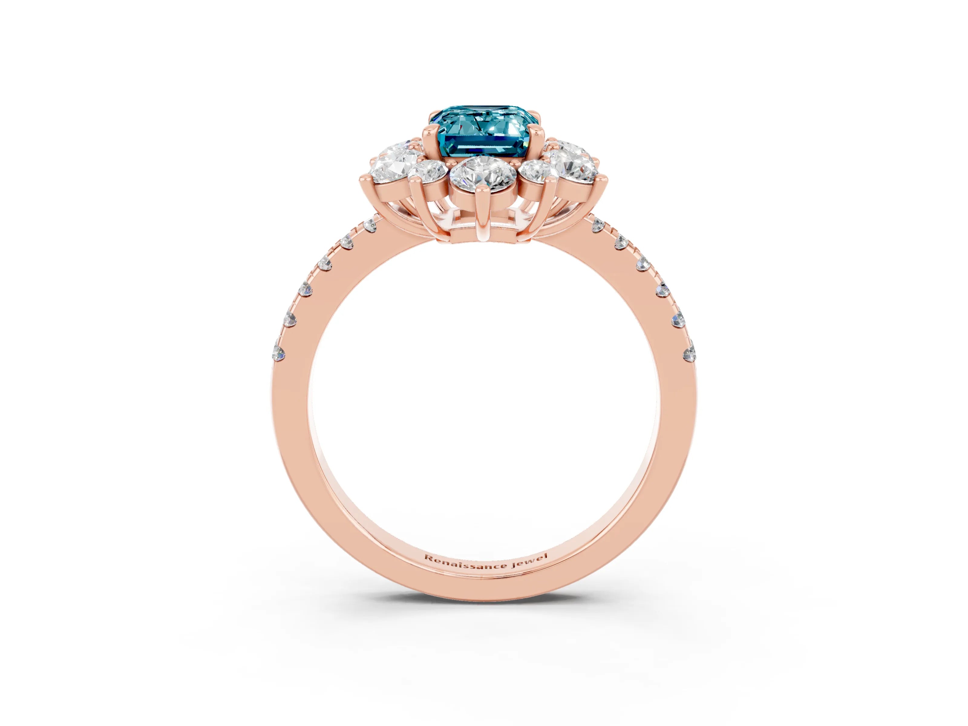 Rose gold Emerald Cut Cut Diamond Floral Halo Pave Band with Prong Setting_3