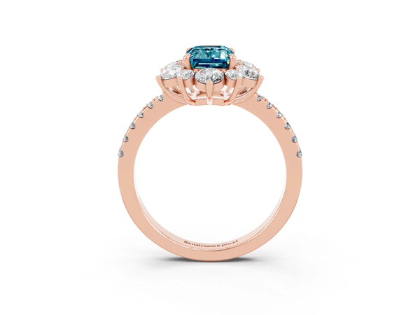Rose gold Emerald Cut Cut Diamond Floral Halo Pave Band with Prong Setting
