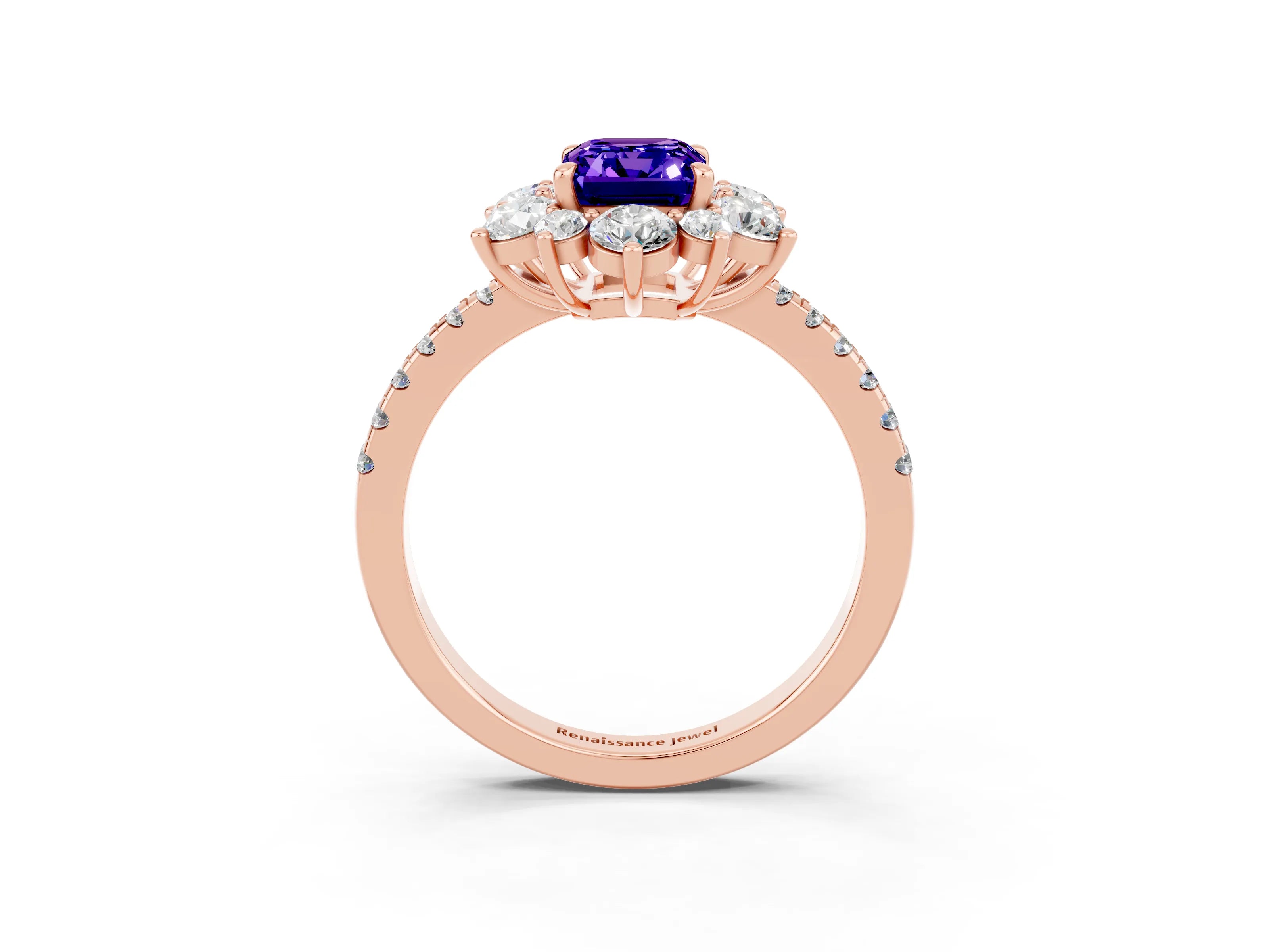 Rose gold Emerald Cut Cut Diamond Floral Halo Pave Band with Prong Setting_3