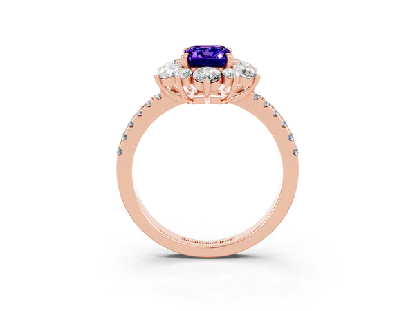 Rose gold Emerald Cut Tanzanite Floral Halo Ring with Round Pavé Band and Prong Setting