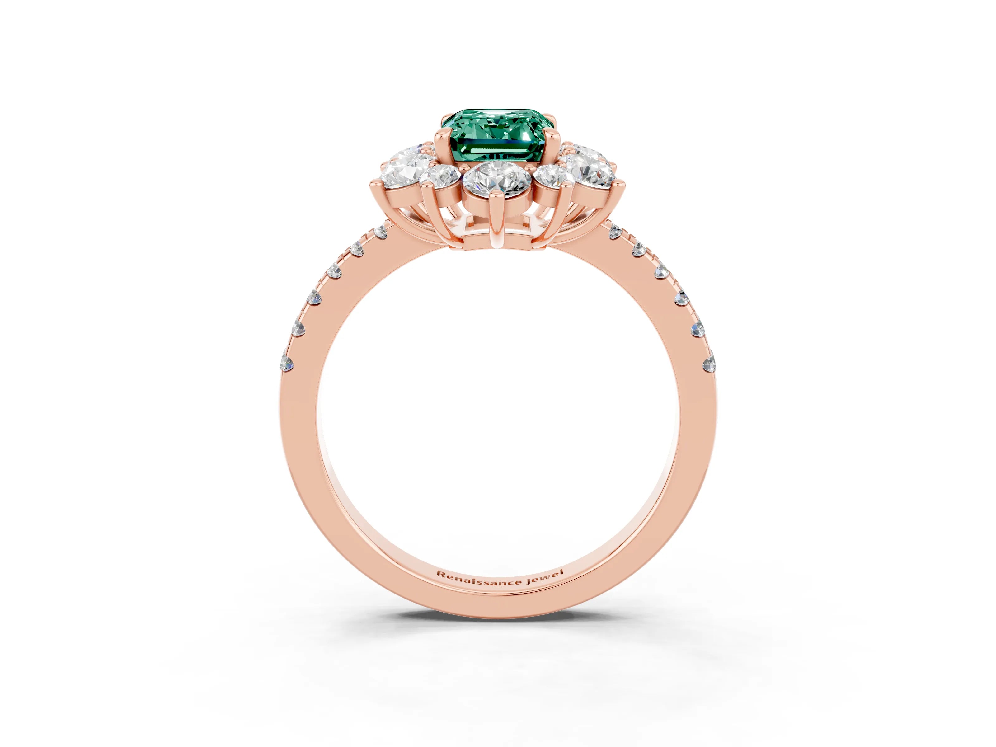 Rose gold Emerald Cut Cut Diamond Floral Halo Pave Band with Prong Setting_3