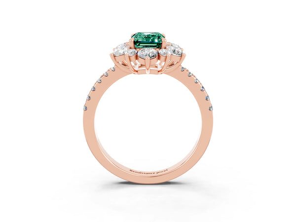 Rose gold Emerald Cut Green Sapphire Floral Halo Ring with Round Pavé Band and Prong Setting