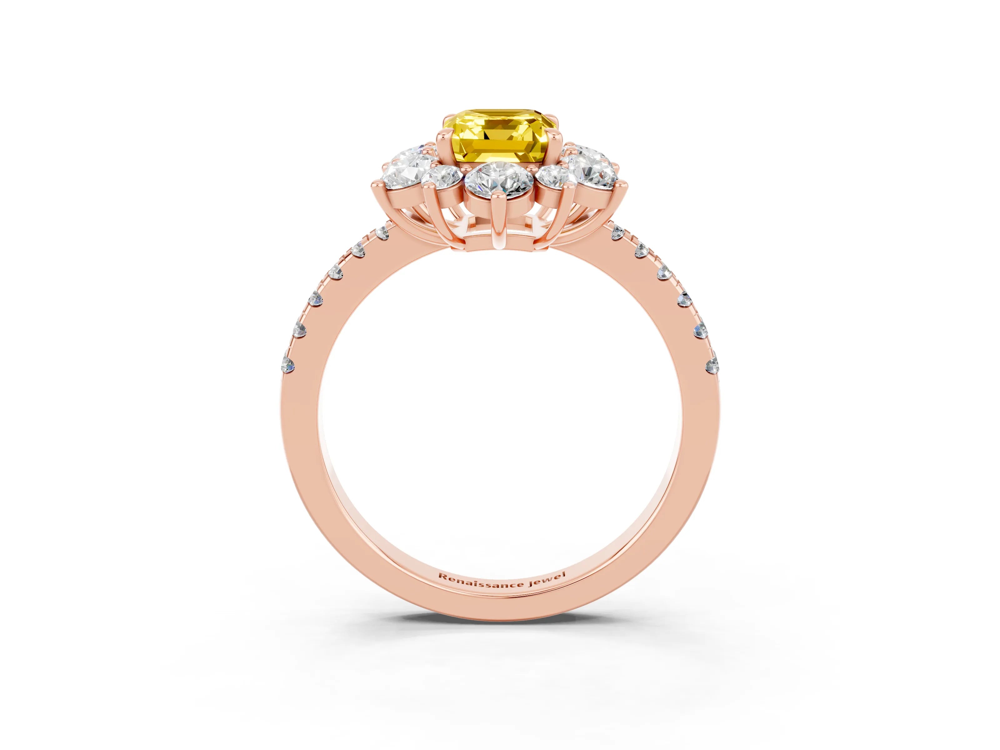 Rose gold Emerald Cut Cut Diamond Floral Halo Pave Band with Prong Setting_3